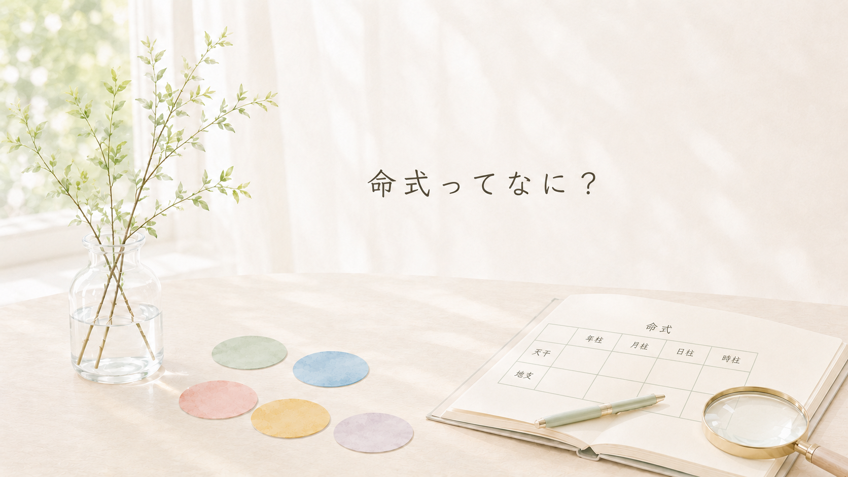 命式表を開いたノートと五行を表すパステルカラーの円が並ぶ、明るい窓辺のイメージ画像