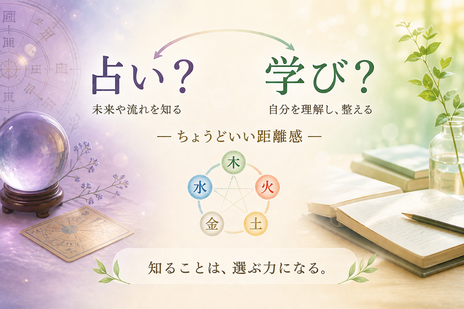 四柱推命の占いと学びのバランスをイメージしたやさしいグラデーション画像