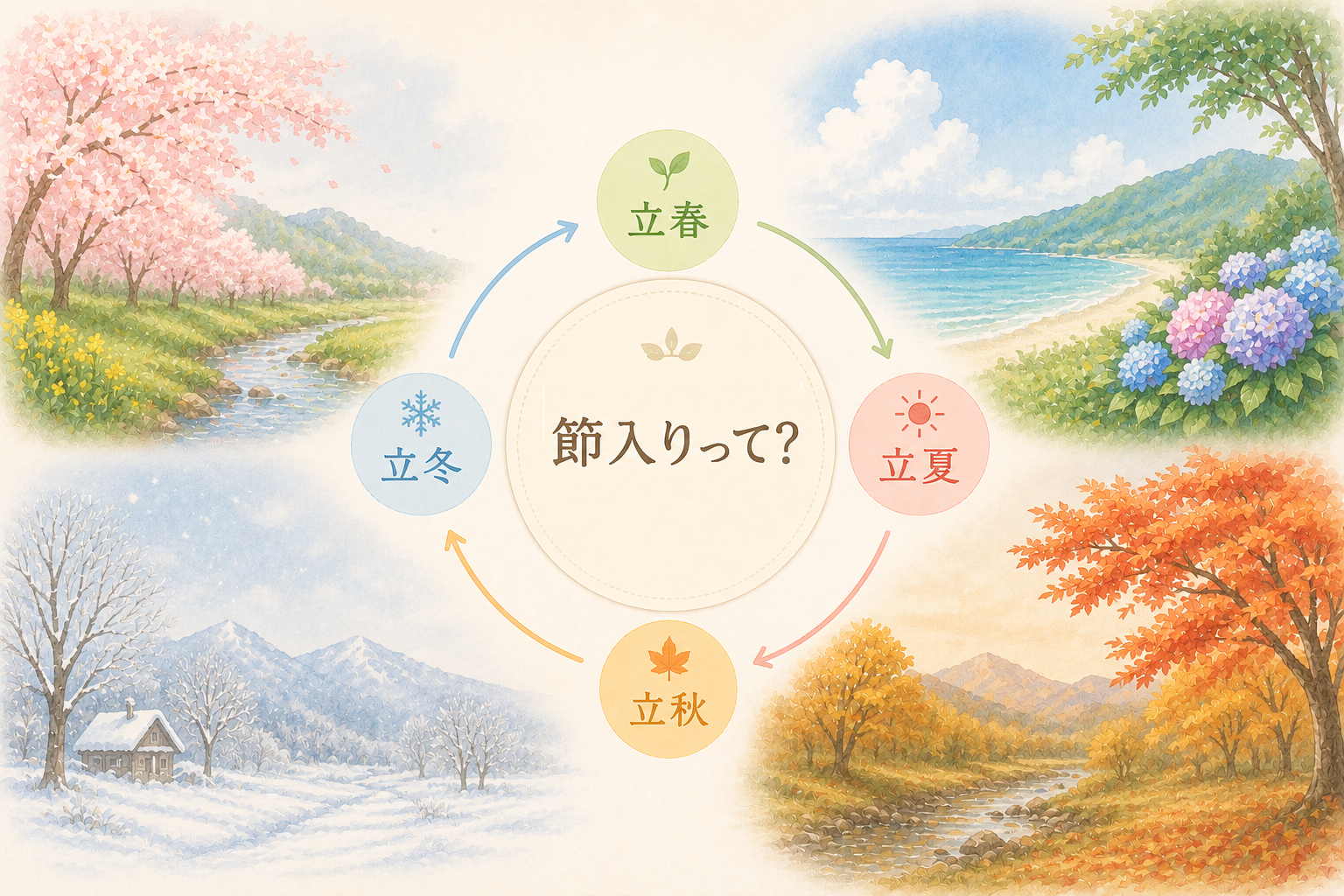 節入りと四季の流れを表したパステル調イラスト｜立春・立夏・立秋・立冬と季節の切り替わりをやさしく解説した四柱推命の基礎図解