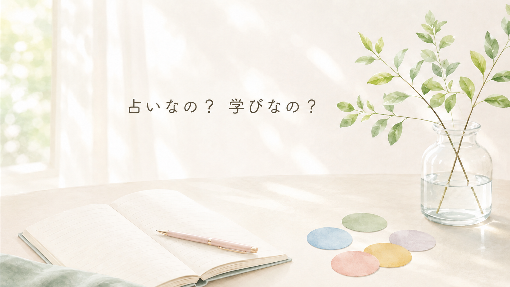 ノートと五行をイメージした淡い色の丸が置かれた明るい机に、「占いなの？ 学びなの？」と書かれたアイキャッチ画像