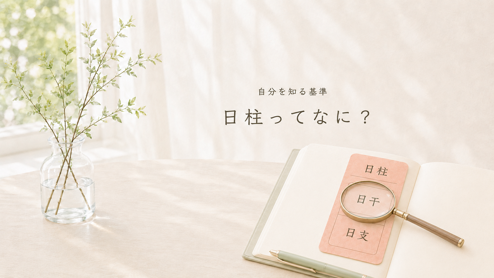 明るい窓辺のノートに日柱・日干・日支が示され、虫眼鏡で日干を見ているイメージ画像