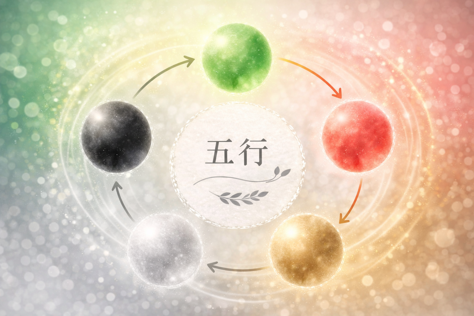 五行とは何かを表したイメージ図｜木・火・土・金・水の流れと関係性を円で示した四柱推命の基本概念