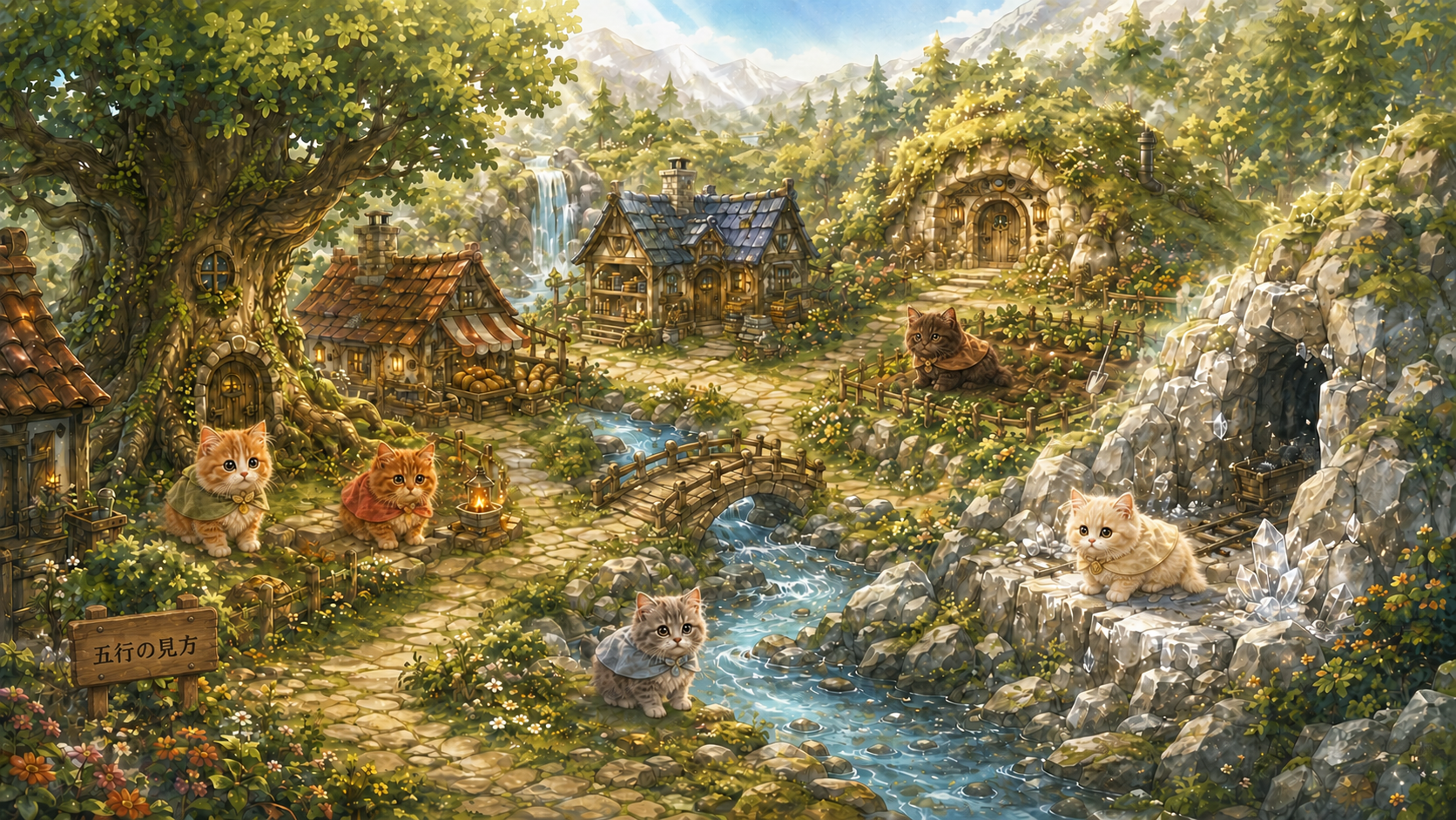 木・火・土・金・水の自然と五匹の猫の妖精が暮らすにゃろっと村の風景