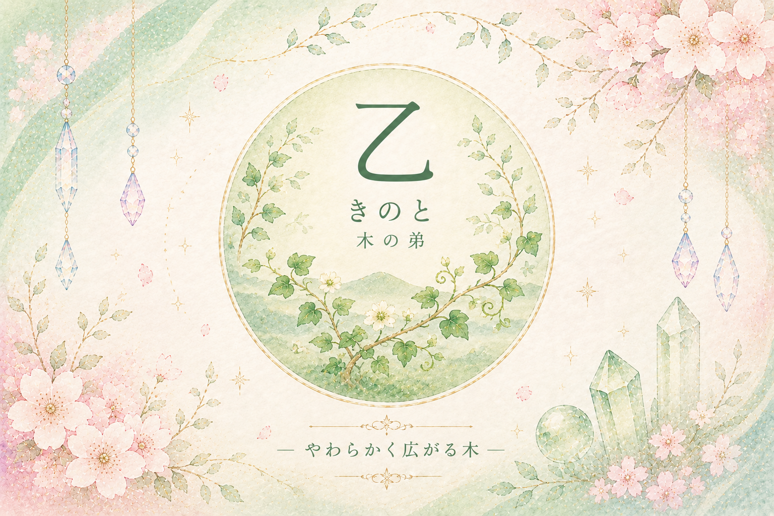 四柱推命の十干「乙（きのと）」を表現した幻想的なアイキャッチ画像。桜と淡い緑の背景の中に、ツル植物と「乙」の文字を配置し、“やわらかく広がっていく木”のイメージをやさしく描いたデザイン。