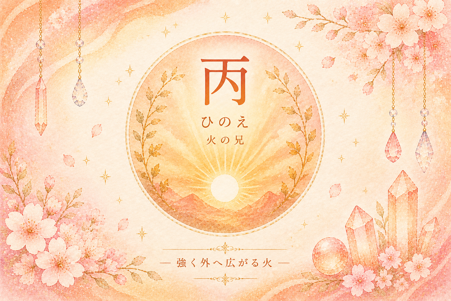 四柱推命の十干「丙（ひのえ）」を表現した幻想的なアイキャッチ画像。桜と暖色の背景の中に、太陽と「丙」の文字を配置し、“強く外へ広がる火”のイメージをやさしく描いたデザイン。