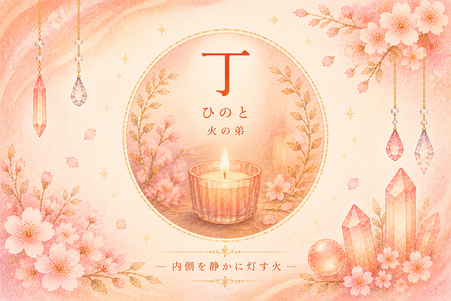 四柱推命の十干「丁（ひのと）」を表現した幻想的なアイキャッチ画像。桜と暖色の背景の中に、ろうそくの灯と「丁」の文字を配置し、“内側を静かに灯す火”のイメージをやさしく描いたデザイン。