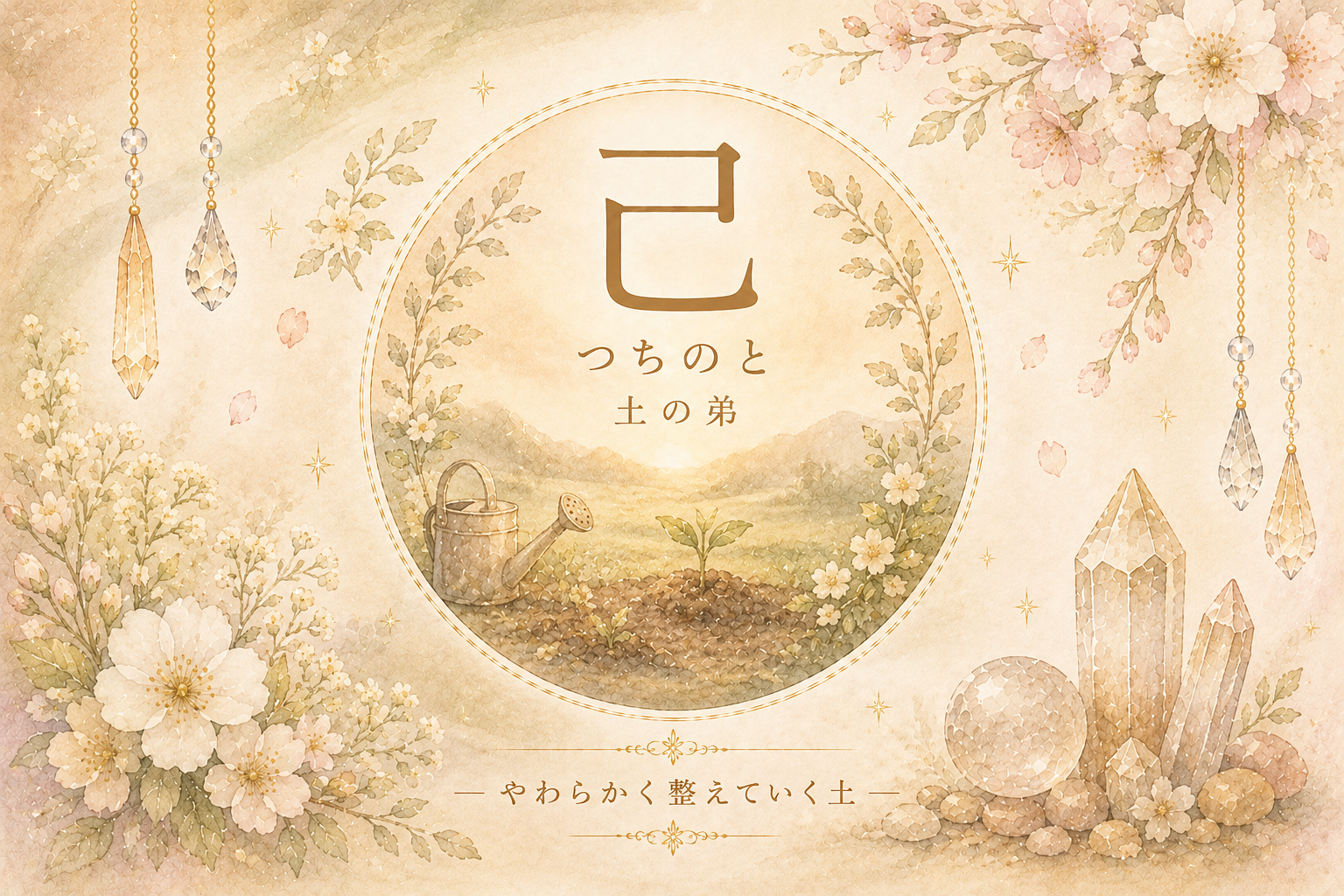 四柱推命の十干「己（つちのと）」を表現した幻想的なアイキャッチ画像。やわらかな土色の背景の中に、畑と芽吹いた植物、そして「己」の文字を配置し、“やわらかく整えていく土”のイメージをやさしく描いたデザイン。