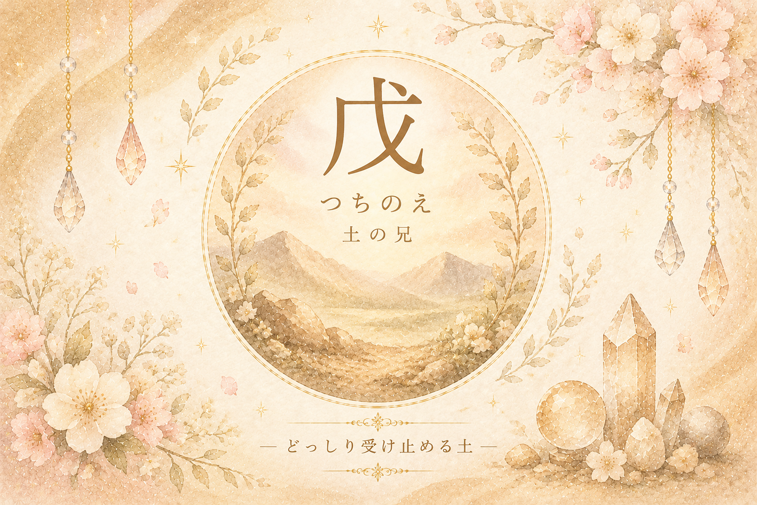 四柱推命の十干「戊（つちのえ）」を表現した幻想的なアイキャッチ画像。淡い土色の背景の中に、山と大地、そして「戊」の文字を配置し、“どっしり受け止める土”のイメージをやさしく描いたデザイン。
