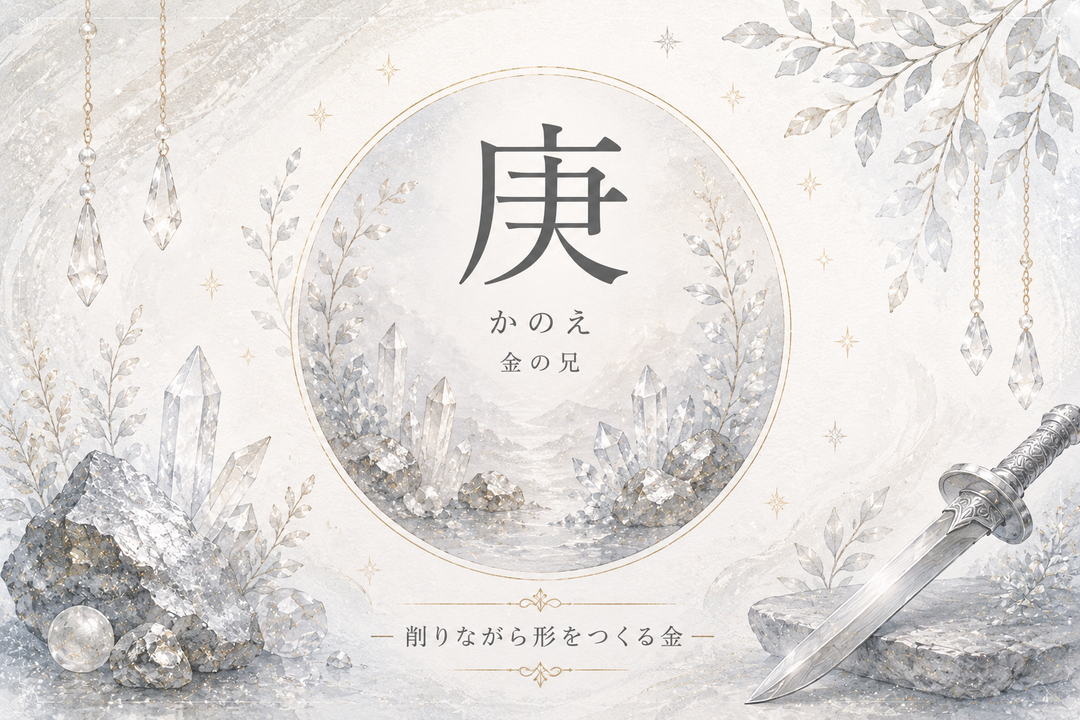 四柱推命の十干「庚（かのえ）」を表現した幻想的なアイキャッチ画像。淡い銀色と金色の背景の中に、水晶や剣、「庚」の文字を配置し、“削りながら形をつくる金”のイメージをやさしく描いたデザイン。