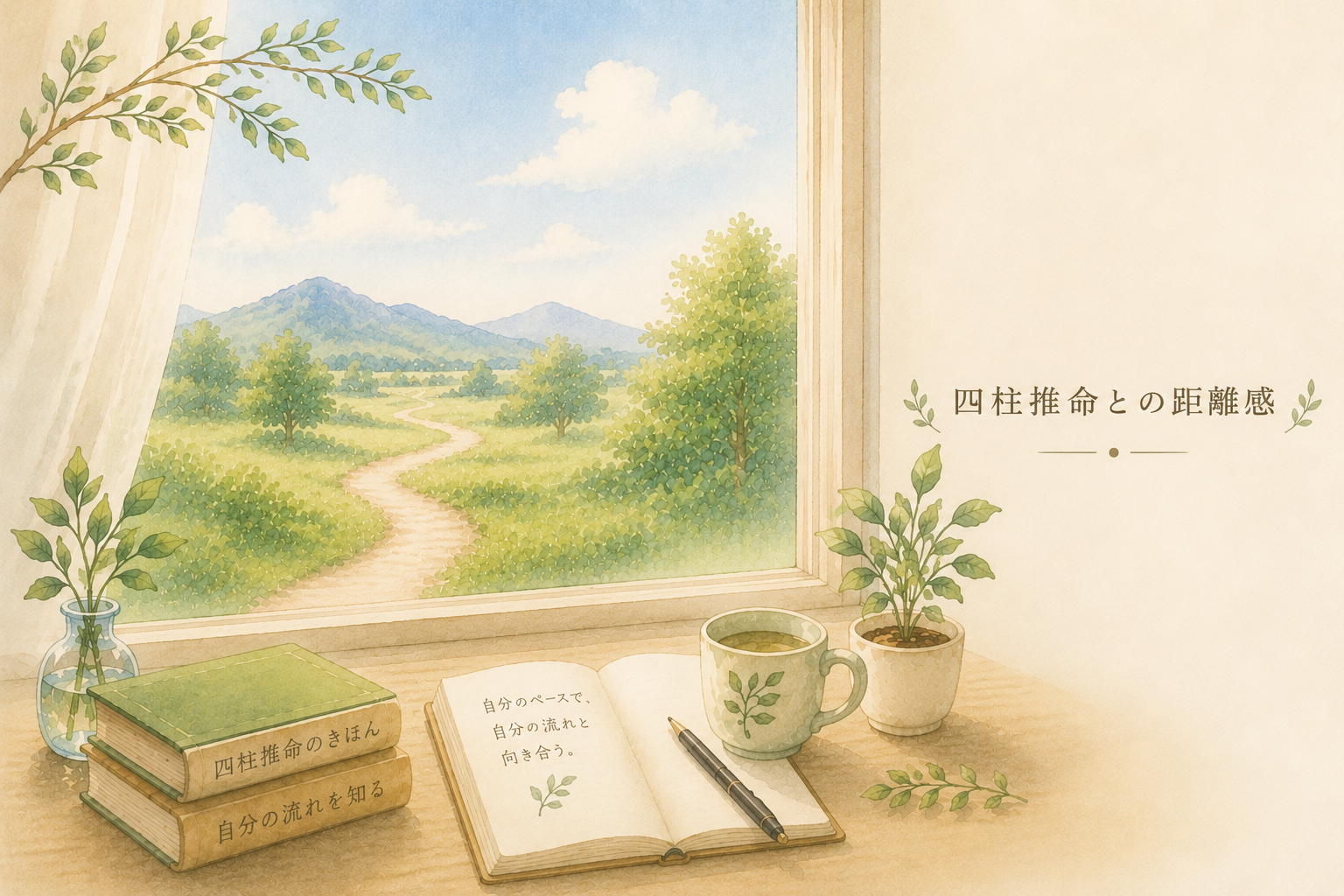 四柱推命と自然に向き合う時間を表したパステル調イラスト｜窓辺で自分の流れと向き合う静かな空間を描いたやさしい世界観のアイキャッチ画像