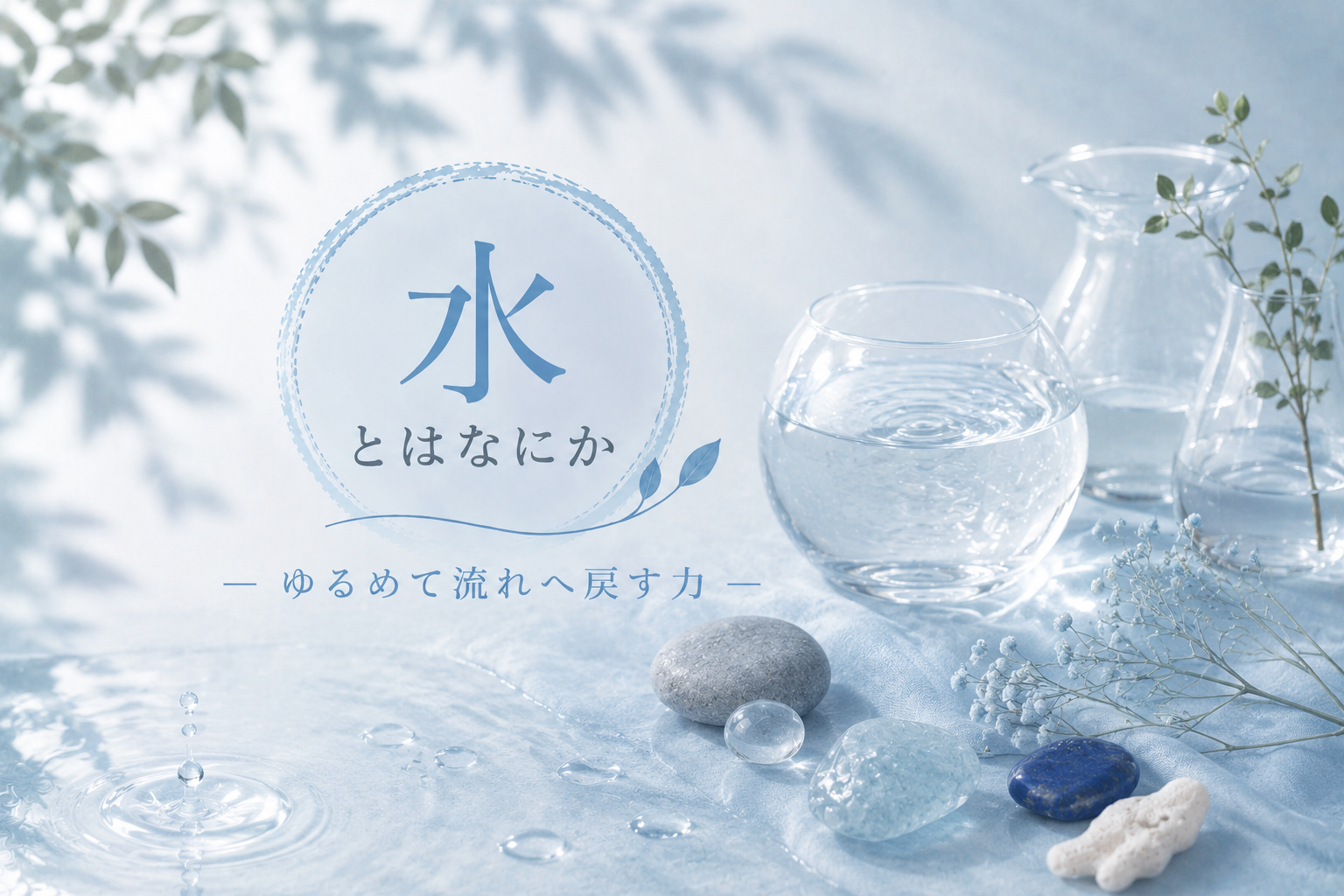 ガラスの器や水滴、青い天然石を使って五行「水」の世界観を表現したナチュラルなアイキャッチ画像｜ゆるめて流れへ戻す力と静かな循環をやさしい雰囲気で描いたイラスト