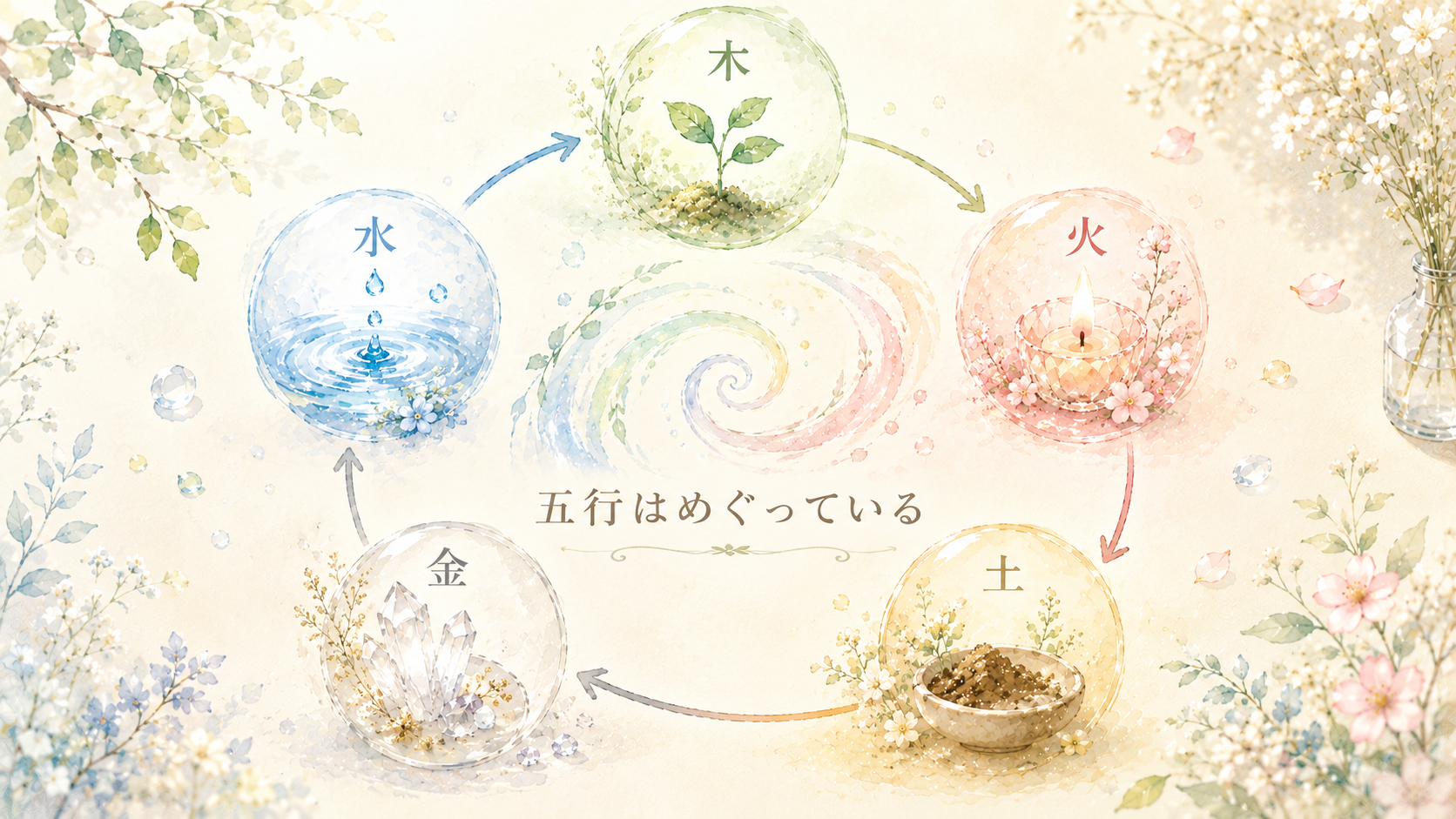木火土金水の五行がスパイラル状に巡る様子を、花や水、炎、鉱石、土でやさしく表現した幻想的なアイキャッチ画像｜五行の循環と流れをパステル調で描いたイラスト