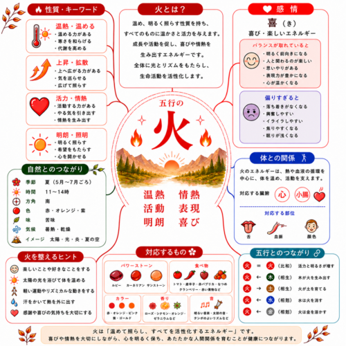 五行の火のマインドマップ｜火の性質・感情・体との関係・自然とのつながりをまとめた図