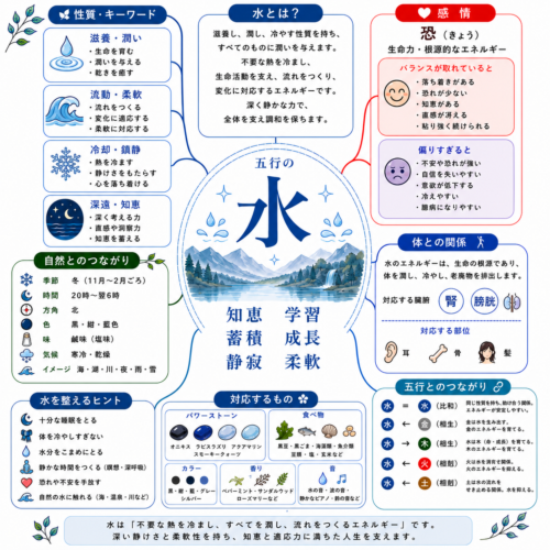 五行の水のマインドマップ｜水の性質・感情・体との関係・自然とのつながりをまとめた図