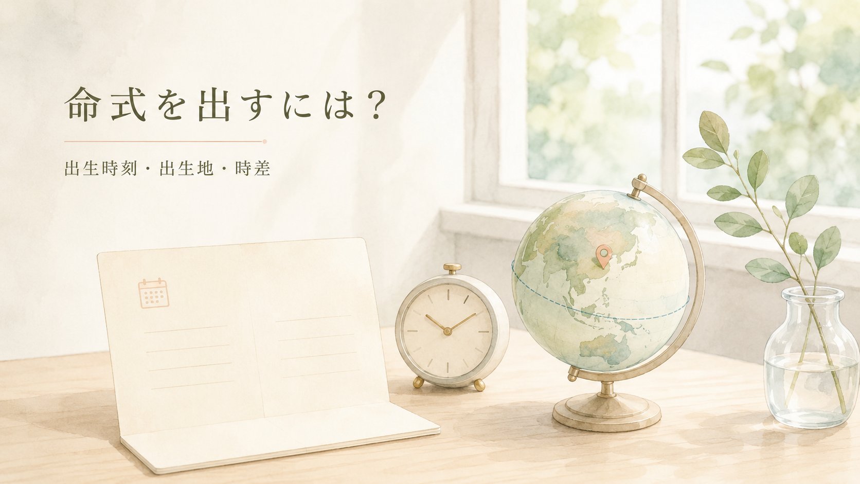 明るい窓辺に出生記録のノート、時計、地球儀が並ぶ、命式に必要な出生時刻・出生地・時差のイメージ画像