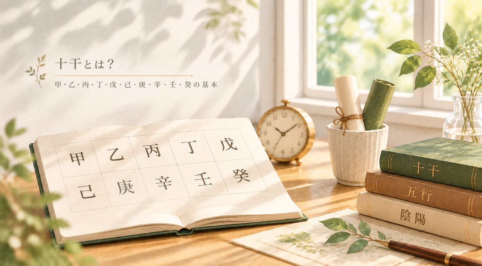 十干とは？甲・乙・丙・丁・戊・己・庚・辛・壬・癸の10種類を学ぶ、四柱推命の基本をイメージしたアイキャッチ画像。