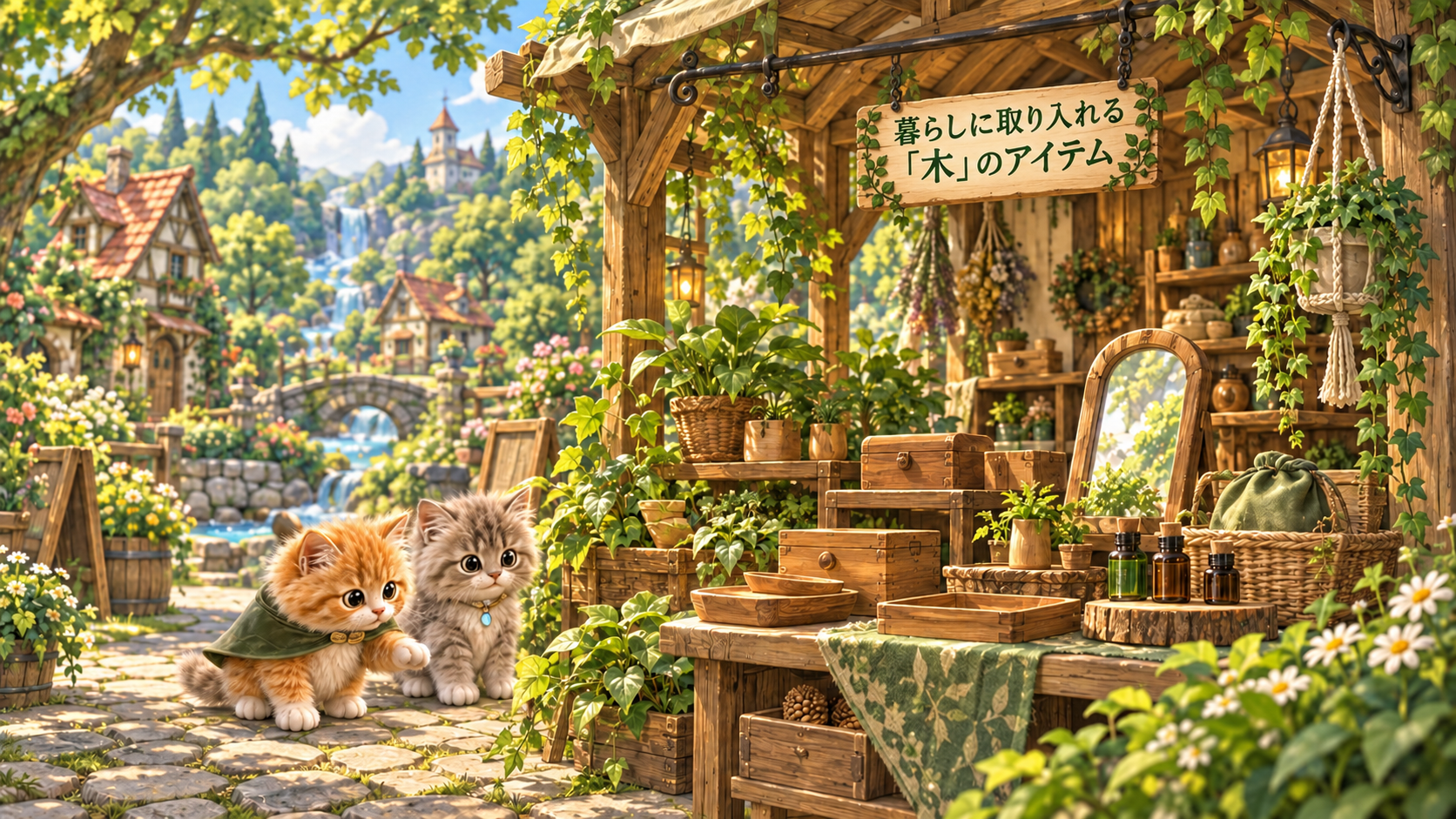 にゃろっと村の木漏れ日あふれる商店通りで、観葉植物や木製品、森林をイメージした小物を眺める木の妖精リーフとモコ